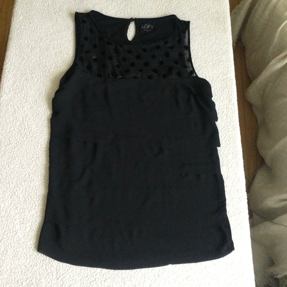 LOFT Mesh Velvet Trim Tiered Mixed Media Shell Blouse Black - Sz Medium - Picture 6 of 10